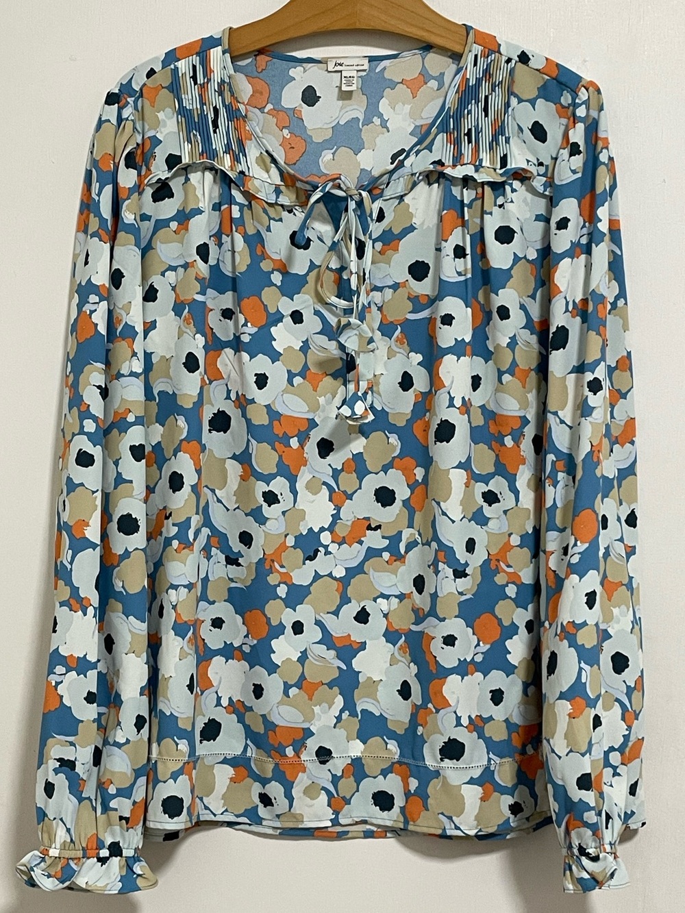 Joie Limited Edition Floral Field Blouse XL Blue Orange Ruffle Tie Neck Boho